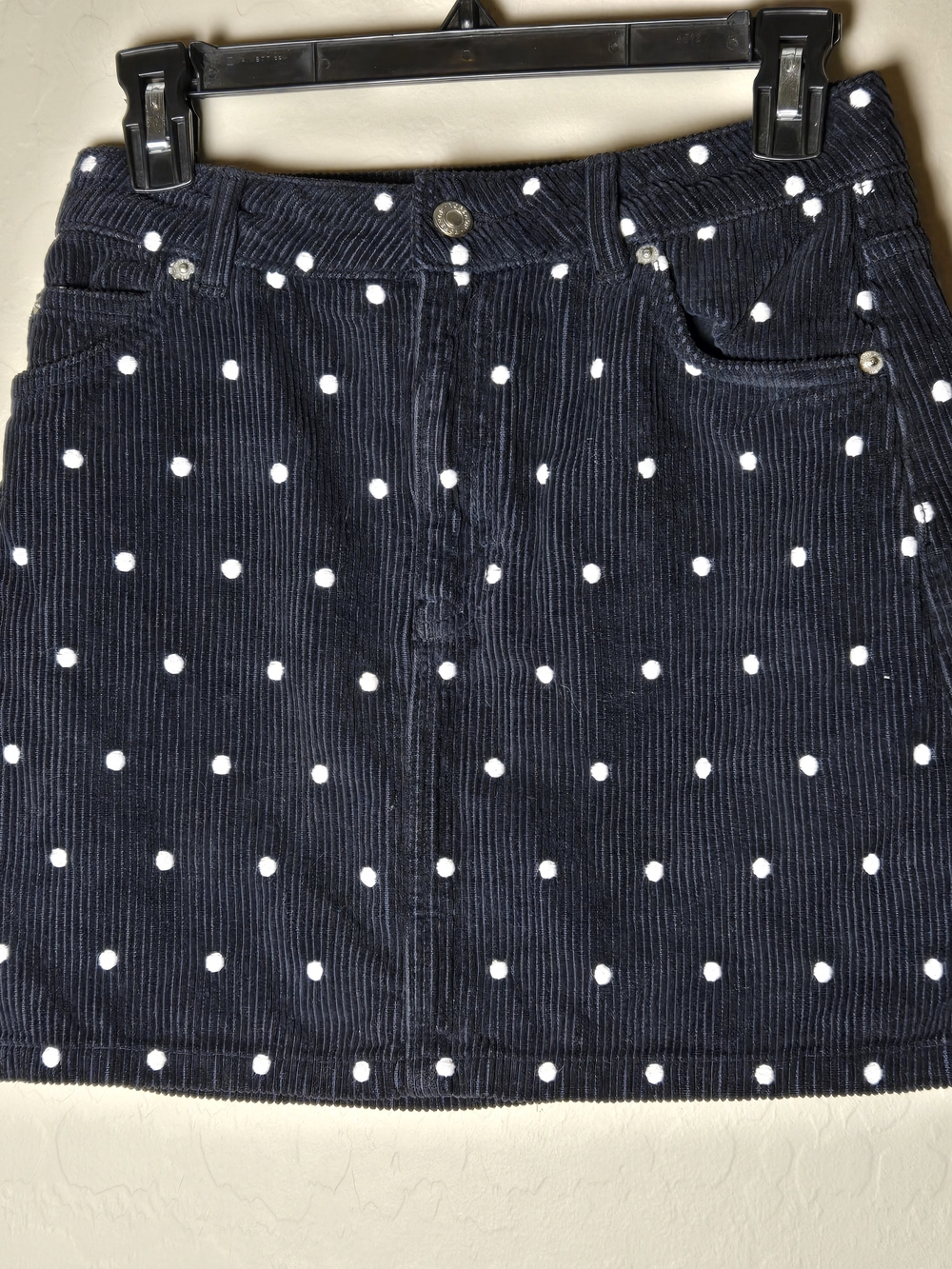 Topshop Moto Black Corduroy Mini Skirt with White Polka Dots Size 4 Grunge 90's